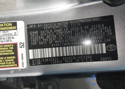 2020 Toyota Camry Se z USA, uszkodzony, nr VIN 4T1G11AK8LU905774